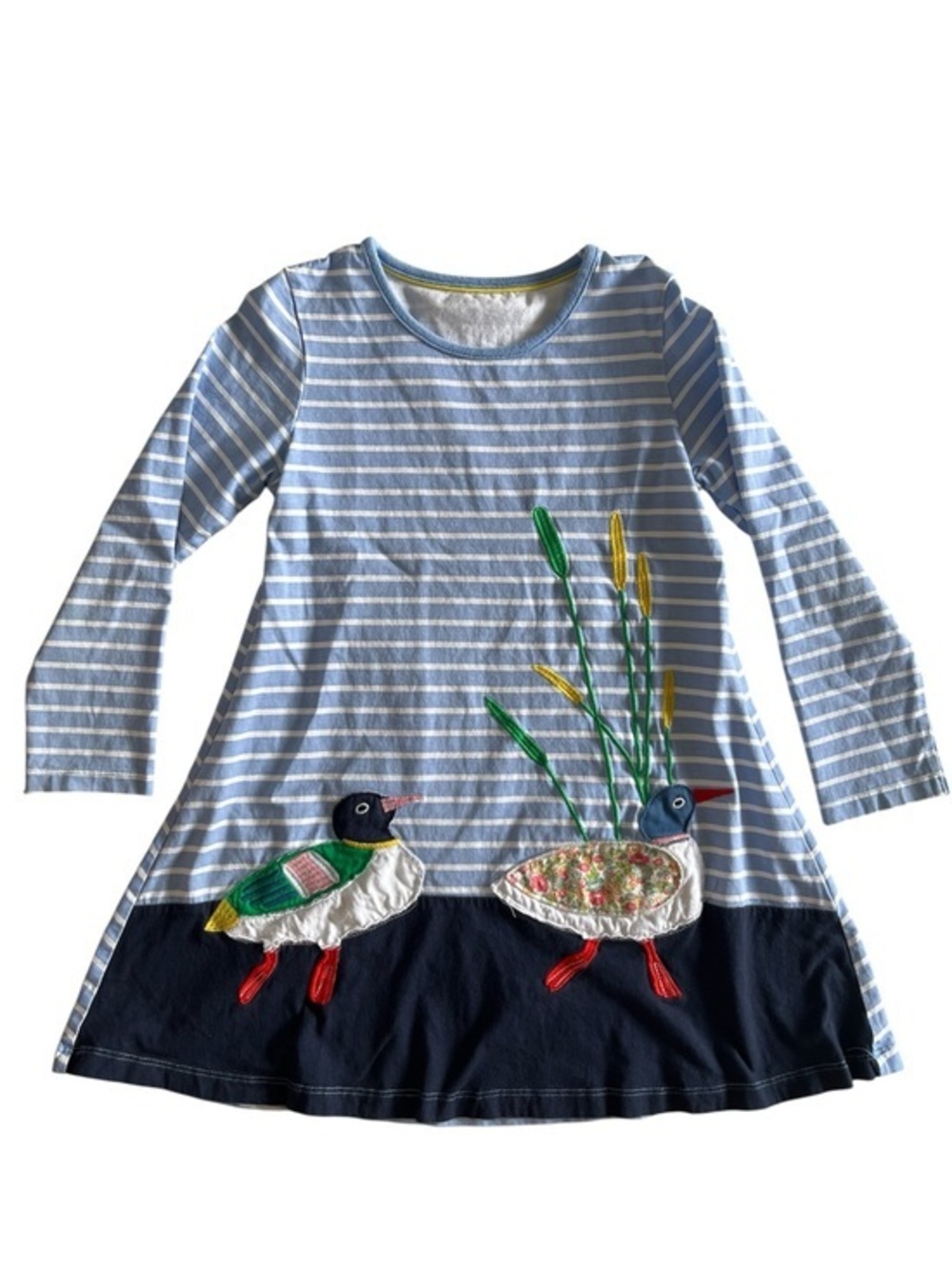Striped Blue & White Long Sleeve Dress with Bird Appliqué